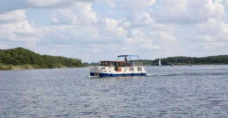 Seitenansicht einer Kormoran. Ein blau-beiges Boot in Fahrt auf der Müritz.