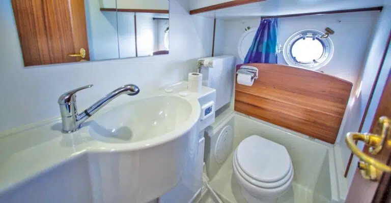 Badezimmer einer Kormoran im Bug mit Toilette und Waschbecken mit beweglichem Duschkopf. Die Toilette kann mit einer Platte in Holzoptik abgedeckt werden.
