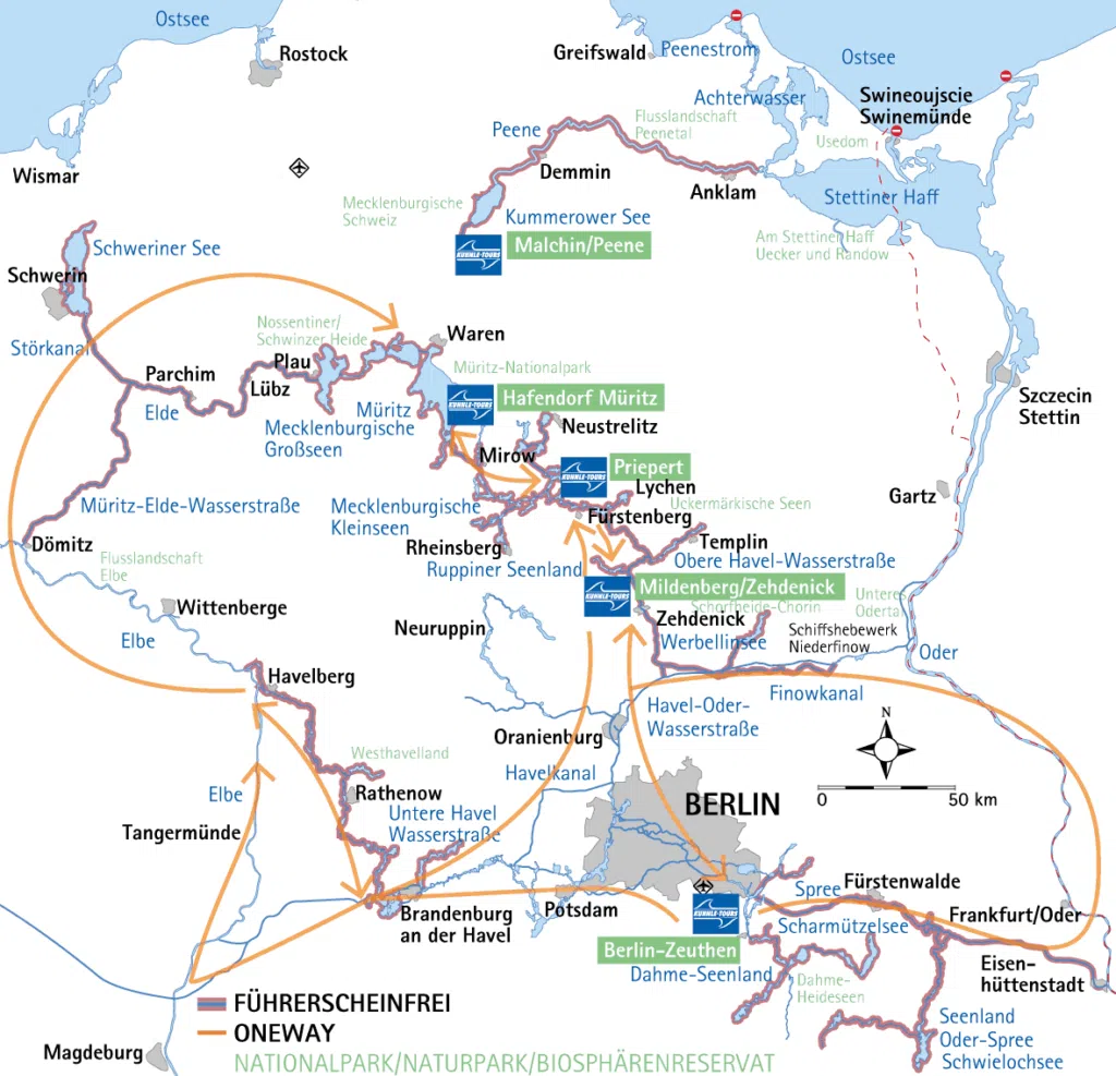 Karte der Wasserstraßen in Deutschland mit den Kuhnle Basen eingezeichnet.