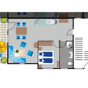 Grundriss einer Zweiraum Ferienwohnung mit Balkon